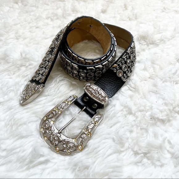 Women’s leather belt with large silver buckle black silver bling rhinestones